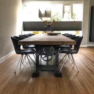 Industrial dining room table height adjustable - 7 cm solid old oak table top - crank base