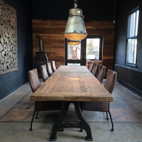Industrial design table – cast iron base – 7cm reclaimed oak top - DT27