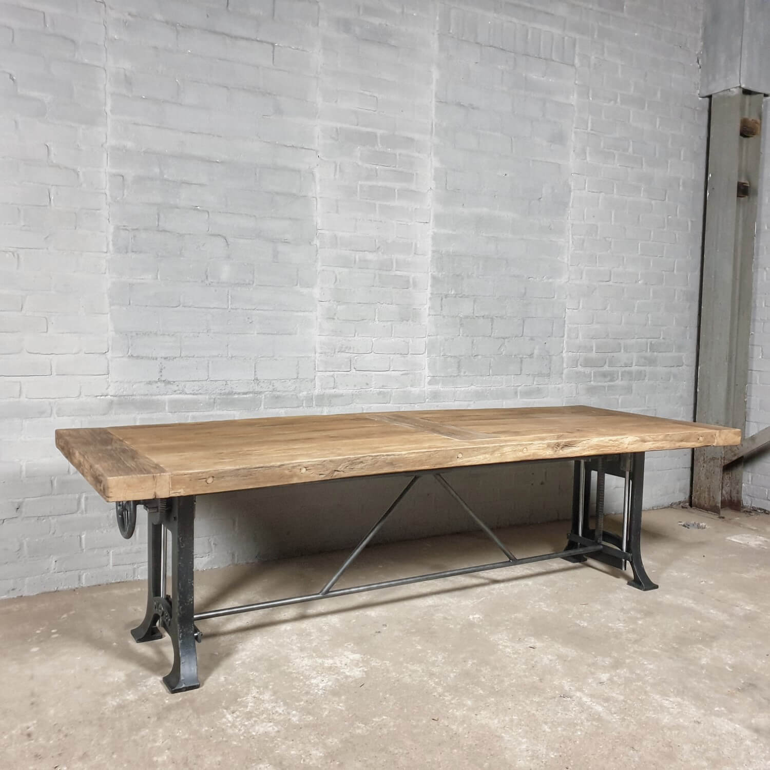 In height adjustable oak dining table industrial design IND736
