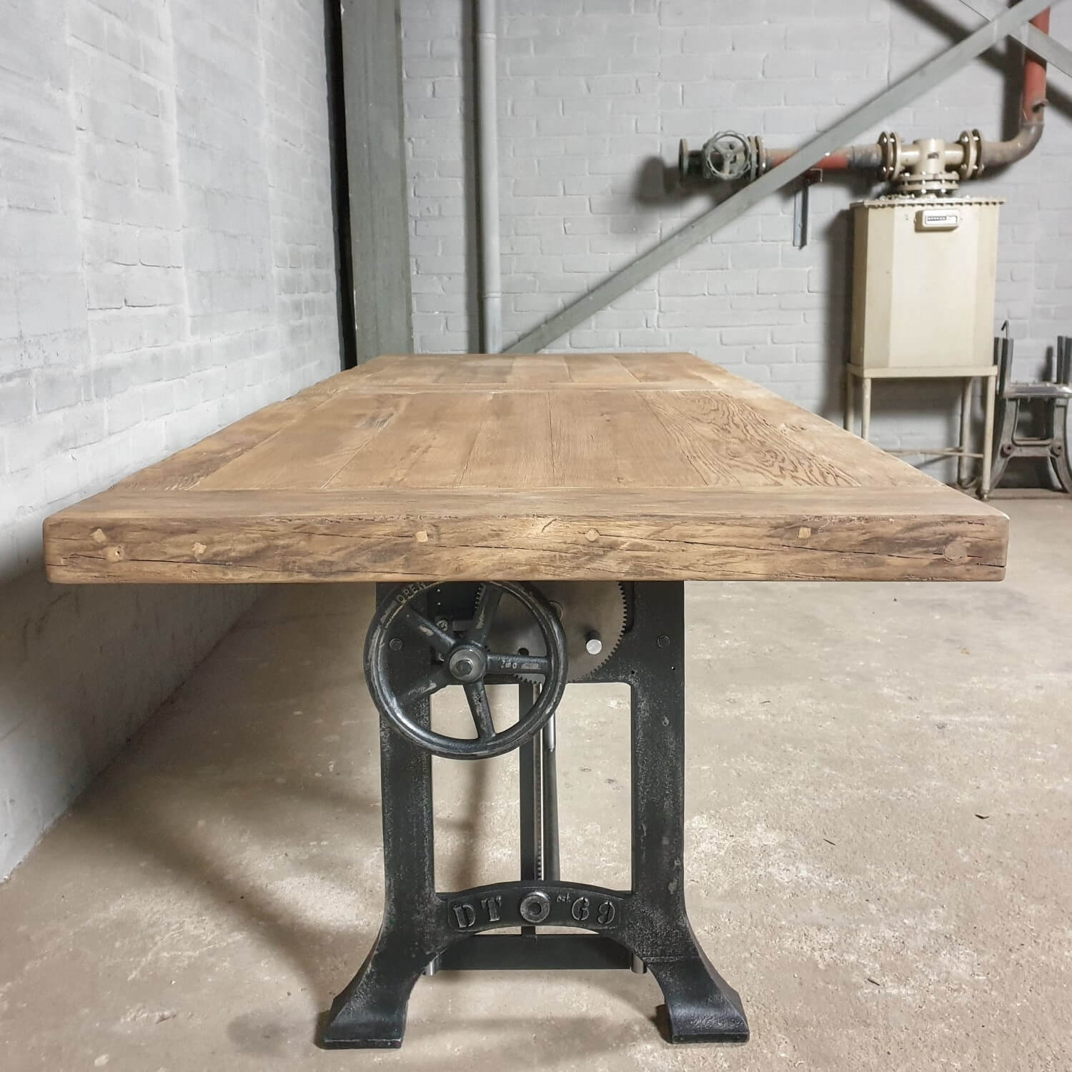 In height adjustable oak dining table industrial design IND736