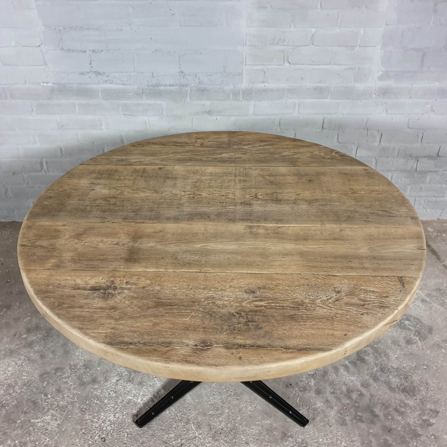 Round industrial dining table Reclaimed sunburned oak top modern