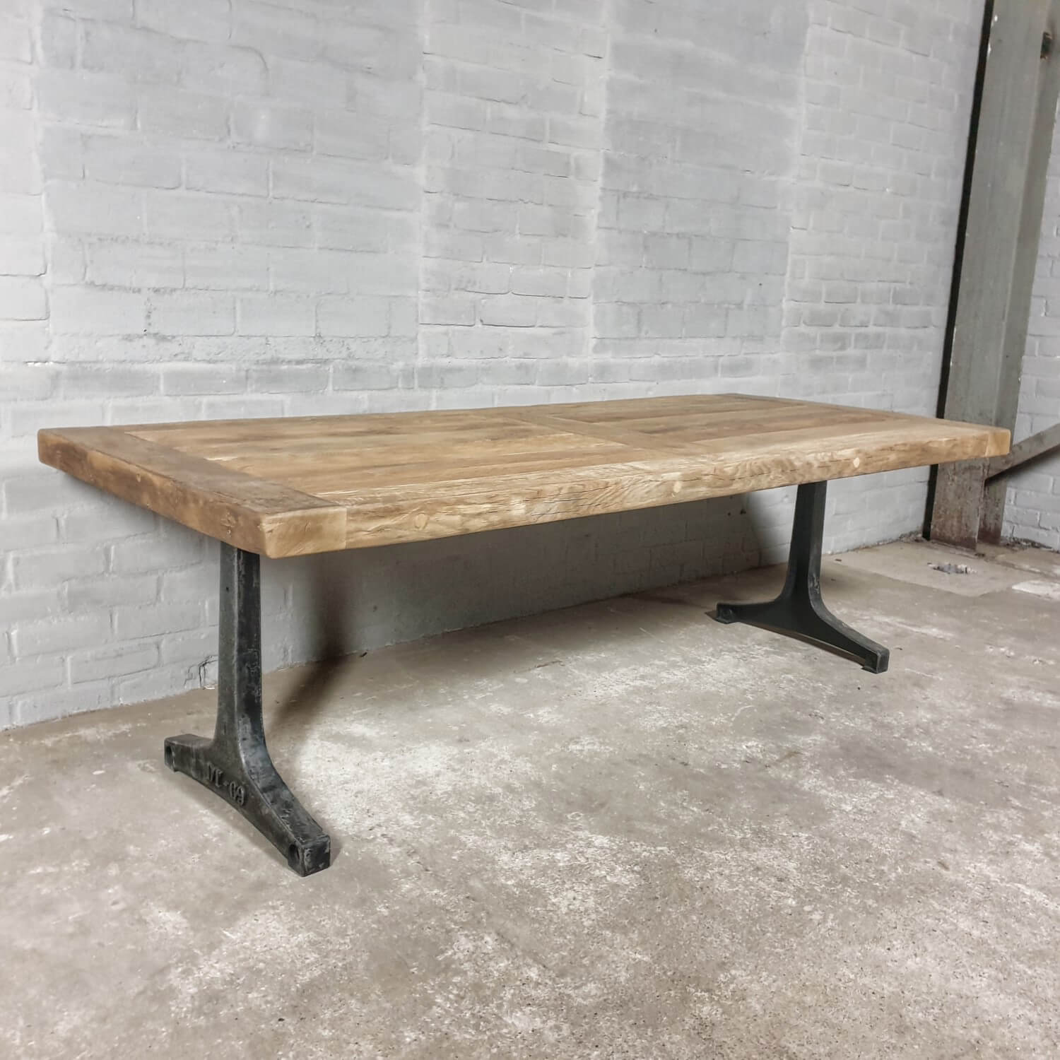 Industrial oak dining table with metal base custom made DT37