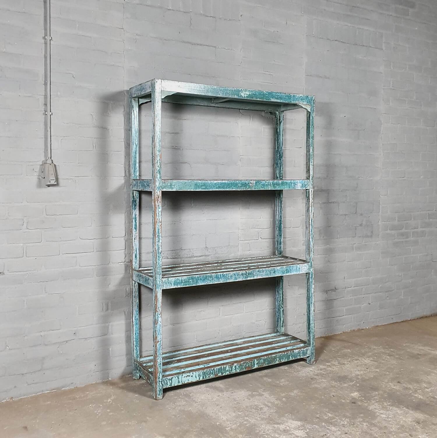 Vintage storage rack of old wood with blue patina DT69