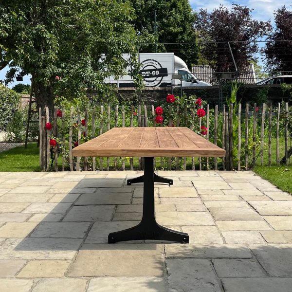 Industrial design garden table with cast iron legs and teak top T13