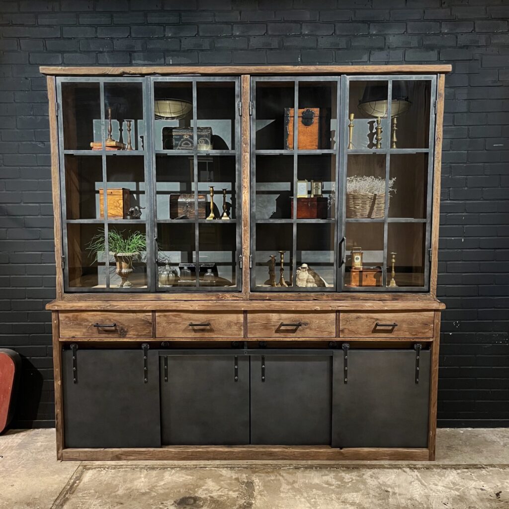 Industrial buffet cupboard from old oak with steel sliding doors K001