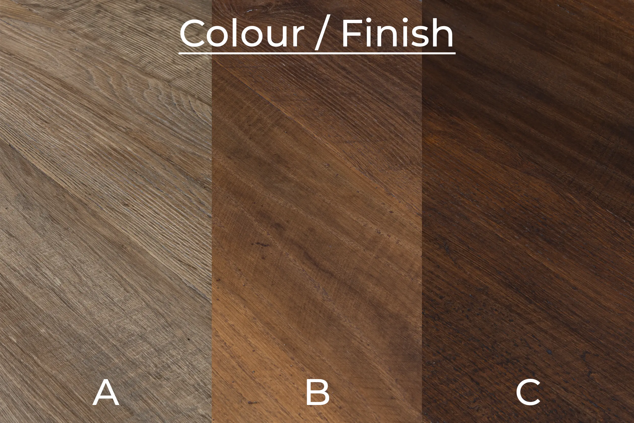 Colour and finish options for old oak Photo with selection options for the colour and finish (finish) of the table. Other colours and finishes are available on request. We make everything by hand especially for you.