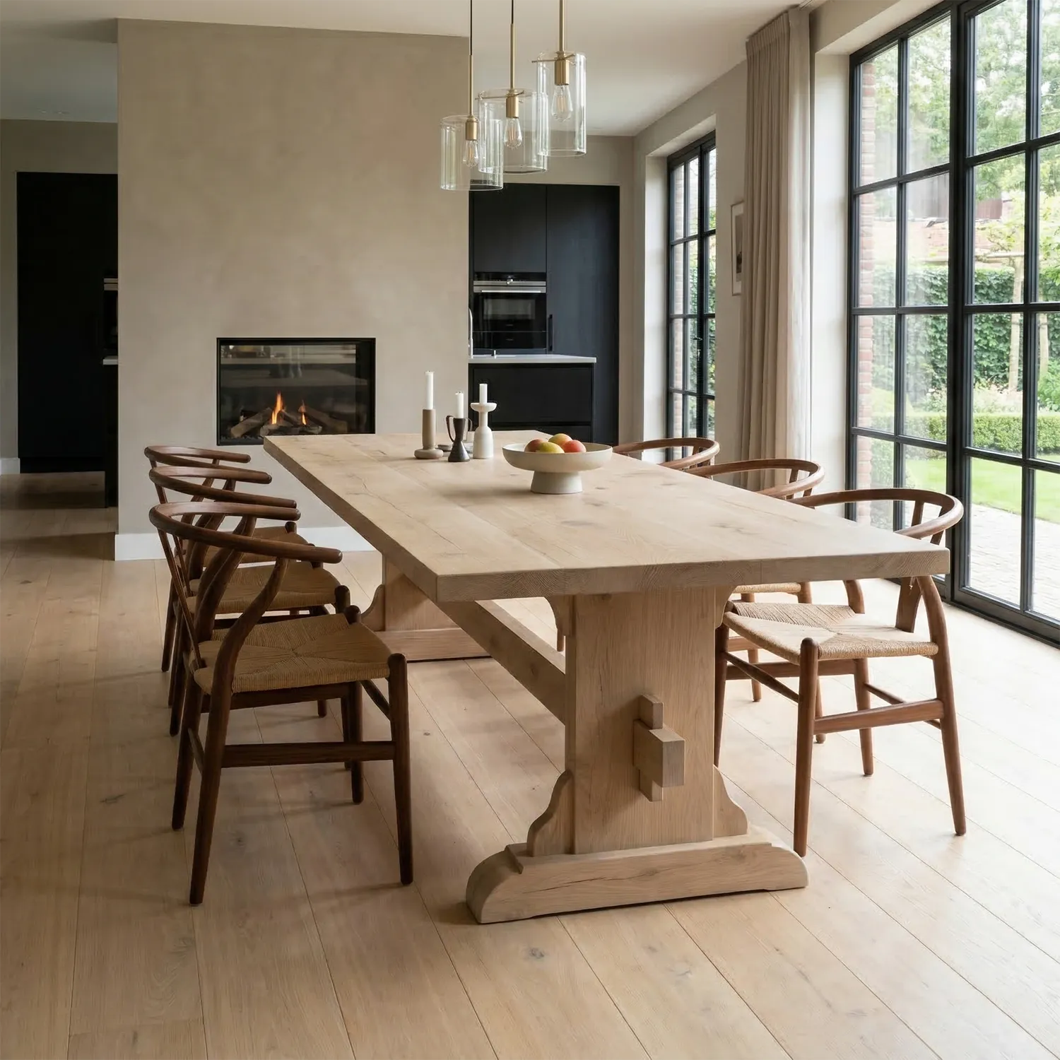 Custom-made oak castle table made from rustic planks G002 Minimalist-style oak dining table in the living room